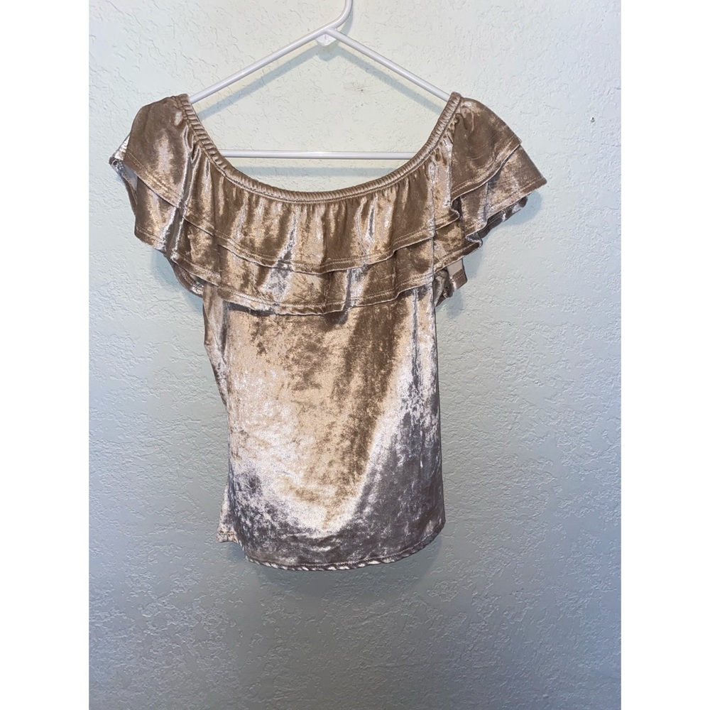 Taupe tan gold off the shoulder velvet shirt sz L